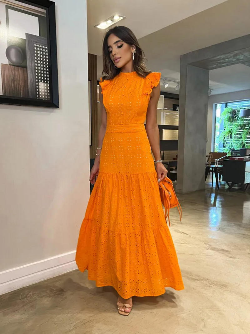 Boheemlane, soliidne õõnes, elegantne naiste kleit kaelaga, lendav varrukas, nööbiga pikk kleit, suvine šikk vabaaja naiste rannariided