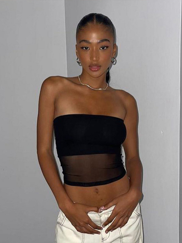 Corset din plasă Crop Top negru pentru femei Top cu tuburi mozaic, Sexy, fără mâneci, cu umeri, de vară, Streetwear, maiuri subțiri fără bretele