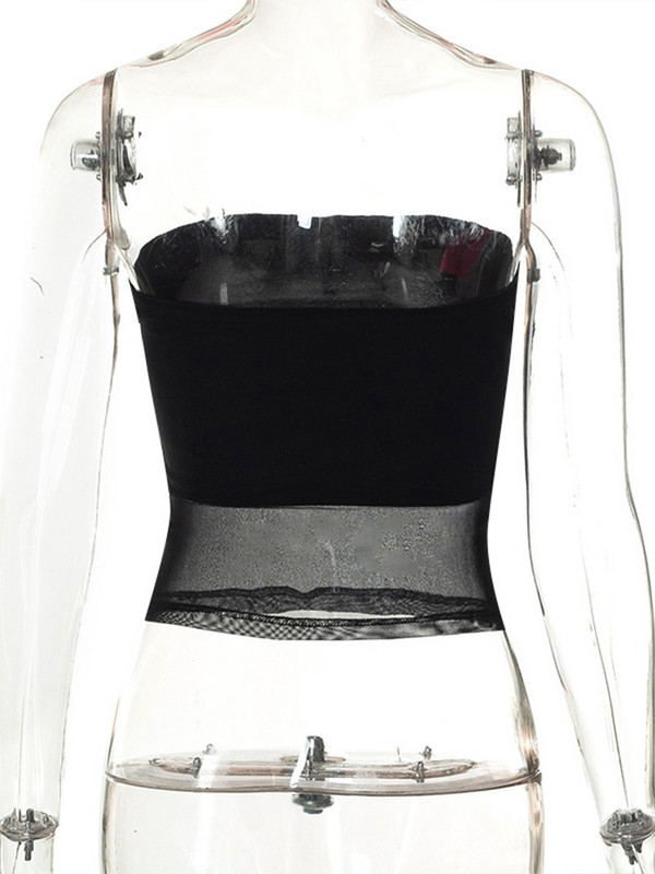 Corset din plasă Crop Top negru pentru femei Top cu tuburi mozaic, Sexy, fără mâneci, cu umeri, de vară, Streetwear, maiuri subțiri fără bretele