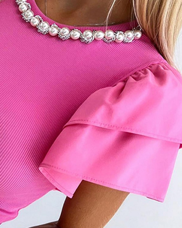 Naiste parimad 2024. aasta suvemood helmestega ümara kaelaga lihtsad lühikeste varrukatega vabaaja kõhnad igapäevased kootud Y2K top riided