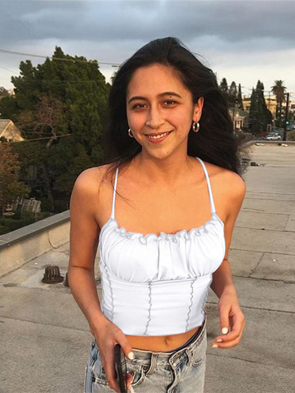 Sexy 2024 Vara Femei Volane Tank Top Moda Doamnelor Fără Mâneci Fără Bretele Ruched Slim Crop Top Camisole Femei Imbracaminte Tancuri