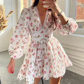 Mini rochie cu imprimeu floral pentru femei la modă nouă, de vară, cu mânecă lungă, cu decolteu în V adânc, cu talie înaltă, rochie în linie A, stil de stradă, oferta caldă S-XL