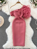 Γυναικείο ροζ/μπλε/πράσινο/λευκό ακανόνιστο διχτυωτό φόρεμα συνονθύλευμα πάρτι Σέξι κάθετο λαιμόκοψη με έναν ώμο ψηλή μέση λεπτή ρόμπα Bodycon Νέα