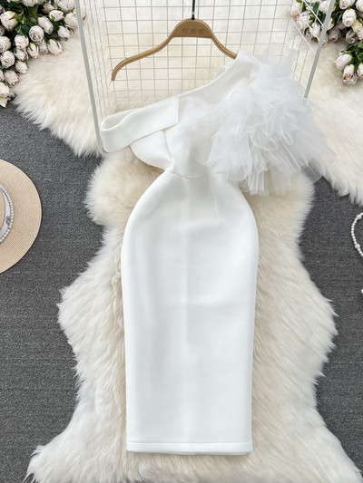 Γυναικείο ροζ/μπλε/πράσινο/λευκό ακανόνιστο διχτυωτό φόρεμα συνονθύλευμα πάρτι Σέξι κάθετο λαιμόκοψη με έναν ώμο ψηλή μέση λεπτή ρόμπα Bodycon Νέα