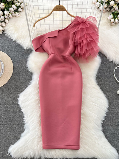 Γυναικείο ροζ/μπλε/πράσινο/λευκό ακανόνιστο διχτυωτό φόρεμα συνονθύλευμα πάρτι Σέξι κάθετο λαιμόκοψη με έναν ώμο ψηλή μέση λεπτή ρόμπα Bodycon Νέα