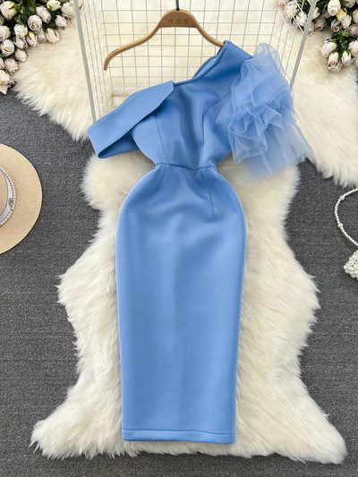 Γυναικείο ροζ/μπλε/πράσινο/λευκό ακανόνιστο διχτυωτό φόρεμα συνονθύλευμα πάρτι Σέξι κάθετο λαιμόκοψη με έναν ώμο ψηλή μέση λεπτή ρόμπα Bodycon Νέα