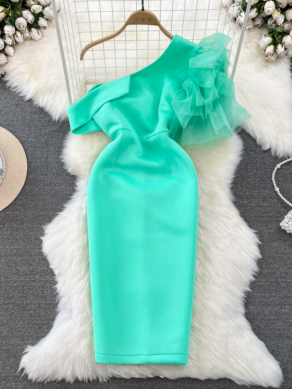 Γυναικείο ροζ/μπλε/πράσινο/λευκό ακανόνιστο διχτυωτό φόρεμα συνονθύλευμα πάρτι Σέξι κάθετο λαιμόκοψη με έναν ώμο ψηλή μέση λεπτή ρόμπα Bodycon Νέα