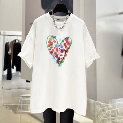 Καλοκαιρινές κουκκίδες μόδας Love printed καθαρό βαμβακερό κοντομάνικο μπλουζάκι για γυναίκες casual χαλαρό μπλουζάκι με λαιμόκοψη Basic Chic μπλουζάκια