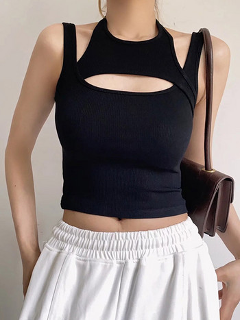 Ασύμμετρο Crop Top y2k E-girl Πλεκτό Κορσέ τοπ Αμάνικο O λαιμό Mini γιλέκο Basic Casual Sporty Summer