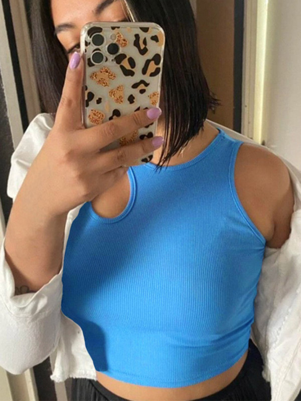 Seksikas ribiga kootud särk naistele Suvine soliidne O-kaelusega varrukateta Crop Tops Street Vintage Korea mood särk Vest Y2K riided