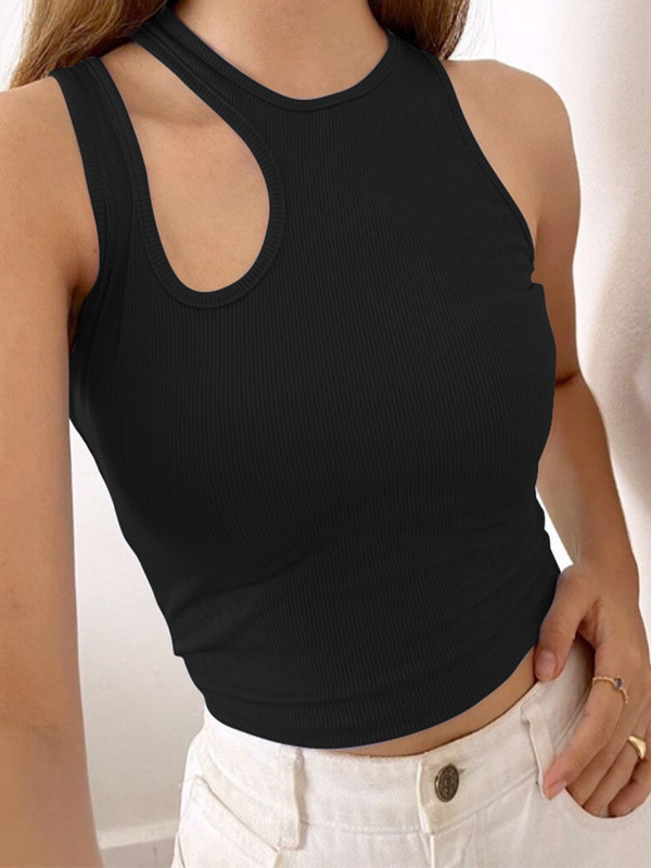 Seksikas ribiga kootud särk naistele Suvine soliidne O-kaelusega varrukateta Crop Tops Street Vintage Korea mood särk Vest Y2K riided