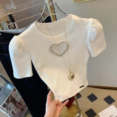 Uske ljubavne majice visokog struka s perlama u obliku srca, bijela ženska majica kratkih rukava, nova mala majica s puf rukavima, kratkih rukava, ljeto 2023.