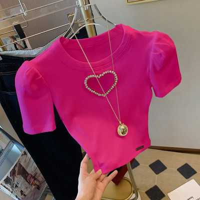 Uske ljubavne majice visokog struka s perlama u obliku srca, bijela ženska majica kratkih rukava, nova mala majica s puf rukavima, kratkih rukava, ljeto 2023.