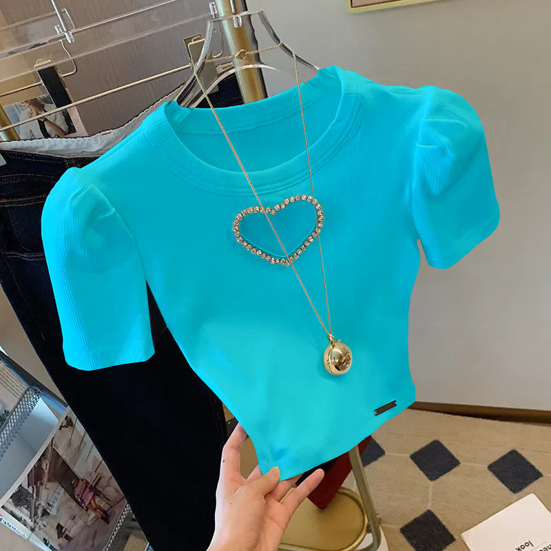 Uske ljubavne majice visokog struka s perlama u obliku srca, bijela ženska majica kratkih rukava, nova mala majica s puf rukavima, kratkih rukava, ljeto 2023.