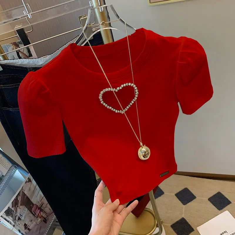 Uske ljubavne majice visokog struka s perlama u obliku srca, bijela ženska majica kratkih rukava, nova mala majica s puf rukavima, kratkih rukava, ljeto 2023.
