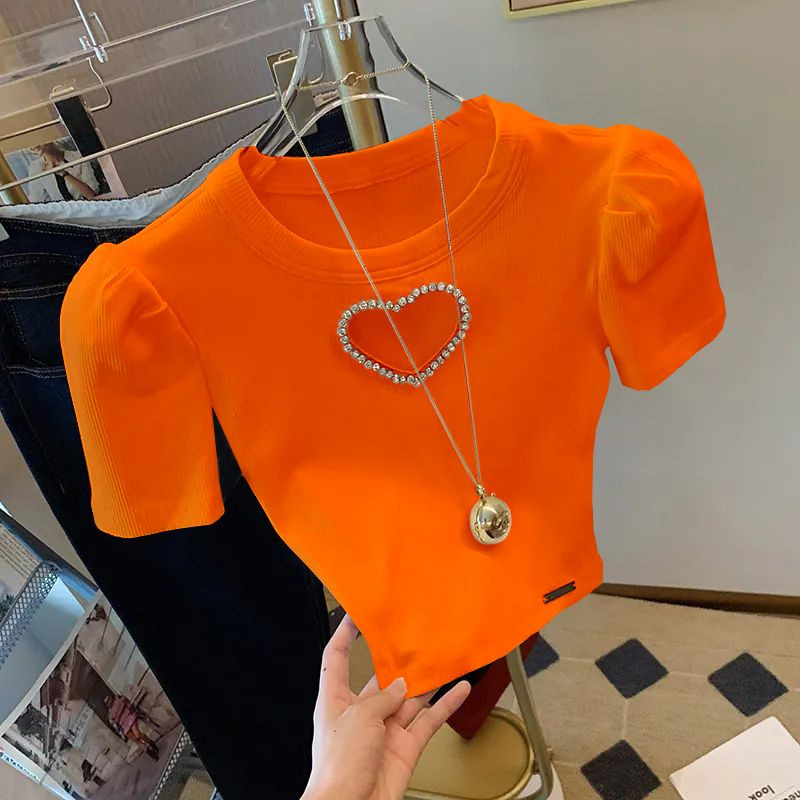 Uske ljubavne majice visokog struka s perlama u obliku srca, bijela ženska majica kratkih rukava, nova mala majica s puf rukavima, kratkih rukava, ljeto 2023.