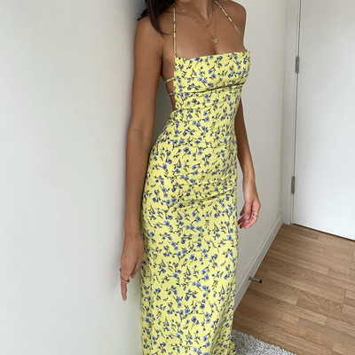 Dulzura Rochie lungă florală, cu șuruburi, cu șireturi, pentru femei, fără spate, rochie midi, bodycon, ținută de club de petrecere sexy, rochie de soare de vară