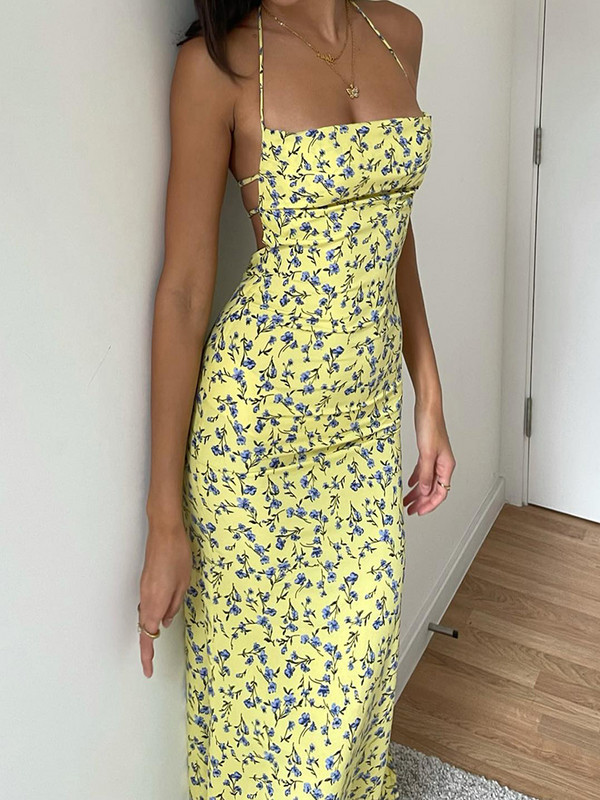 Dulzura Rochie lungă florală, cu șuruburi, cu șireturi, pentru femei, fără spate, rochie midi, bodycon, ținută de club de petrecere sexy, rochie de soare de vară