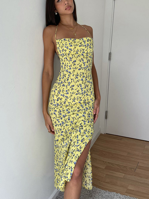 Dulzura Rochie lungă florală, cu șuruburi, cu șireturi, pentru femei, fără spate, rochie midi, bodycon, ținută de club de petrecere sexy, rochie de soare de vară