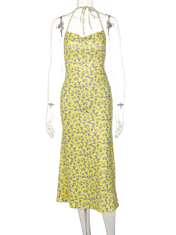 Dulzura Rochie lungă florală, cu șuruburi, cu șireturi, pentru femei, fără spate, rochie midi, bodycon, ținută de club de petrecere sexy, rochie de soare de vară