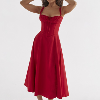 Rochie midi de vară boho cu bretele spaghete pentru femei, cu cravată în față, imprimeu floral, fără mâneci, rochii de plajă vintage, linie A