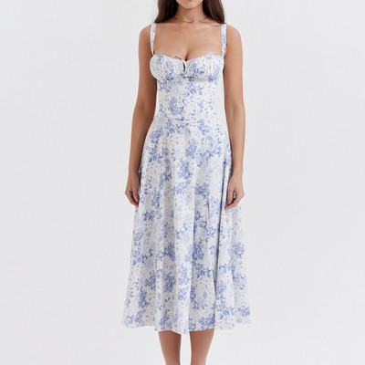 Rochie midi de vară boho cu bretele spaghete pentru femei, cu cravată în față, imprimeu floral, fără mâneci, rochii de plajă vintage, linie A