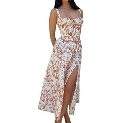 Rochie midi de vară boho cu bretele spaghete pentru femei, cu cravată în față, imprimeu floral, fără mâneci, rochii de plajă vintage, linie A