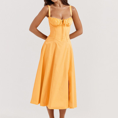 Rochie midi de vară boho cu bretele spaghete pentru femei, cu cravată în față, imprimeu floral, fără mâneci, rochii de plajă vintage, linie A