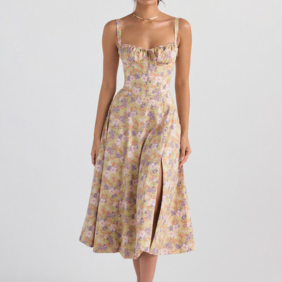 Rochie midi de vară boho cu bretele spaghete pentru femei, cu cravată în față, imprimeu floral, fără mâneci, rochii de plajă vintage, linie A