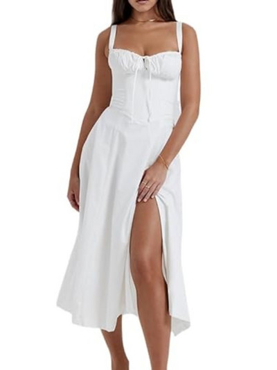 Rochie midi de vară boho cu bretele spaghete pentru femei, cu cravată în față, imprimeu floral, fără mâneci, rochii de plajă vintage, linie A