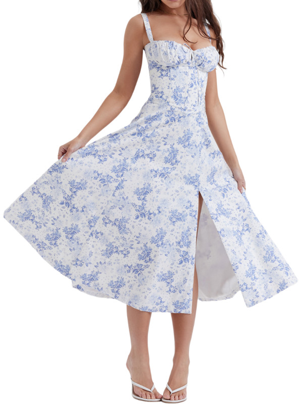 Elegáns szexi, édes virágok tündéri ruha Vintage Elegáns, magas hasítású virágos ruha alkalmi karcsú, hasított ujjatlan ruha Vestidos