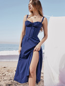 Suninheart Rochii de vară cu imprimeuri florale pentru femei, dulci, elegante, rochie midi de vacanță, lejer, rochii albastre cu dantelă, 2023