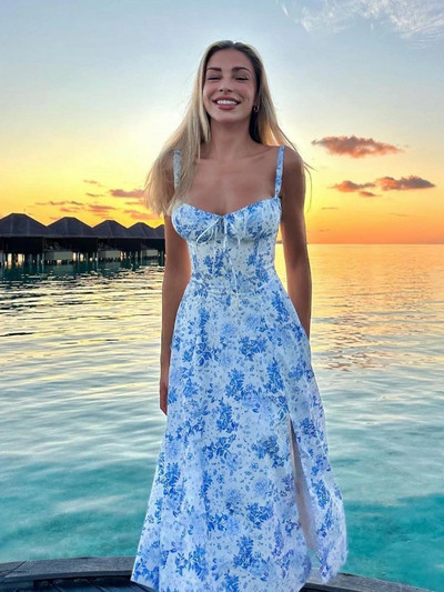 Suninheart Rochii de vară cu imprimeuri florale pentru femei, dulci, elegante, rochie midi de vacanță, lejer, rochii albastre cu dantelă, 2023