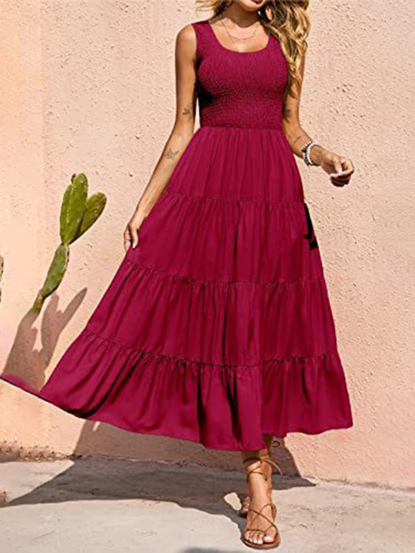 Haljine za žene Ljeto 2024., seksi, elegantna jednobojna duga haljina bez rukava s cvjetnim motivima, modna zabava na plaži s elastičnim strukom, velika ljuljačka