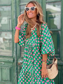 Γυναικείο μανίκι Boho Maxi Φόρεμα Vintage Κομψή μόδα Casual Print Floral V-λαιμόκοψη Loose Ladies Holiday Beach Party Vestidos