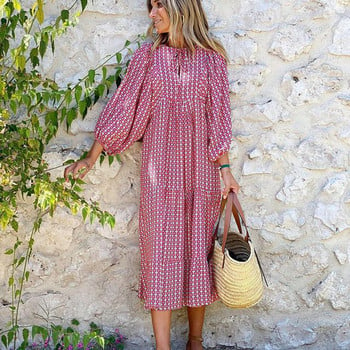 Γυναικείο μανίκι Boho Maxi Φόρεμα Vintage Κομψή μόδα Casual Print Floral V-λαιμόκοψη Loose Ladies Holiday Beach Party Vestidos