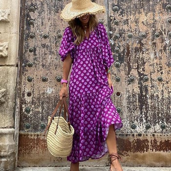 Γυναικείο μανίκι Boho Maxi Φόρεμα Vintage Κομψή μόδα Casual Print Floral V-λαιμόκοψη Loose Ladies Holiday Beach Party Vestidos