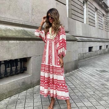 Γυναικείο μανίκι Boho Maxi Φόρεμα Vintage Κομψή μόδα Casual Print Floral V-λαιμόκοψη Loose Ladies Holiday Beach Party Vestidos