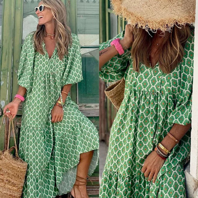 Γυναικείο μανίκι Boho Maxi Φόρεμα Vintage Κομψή μόδα Casual Print Floral V-λαιμόκοψη Loose Ladies Holiday Beach Party Vestidos