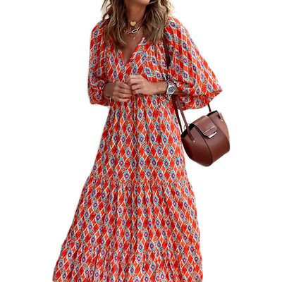 Γυναικείο μανίκι Boho Maxi Φόρεμα Vintage Κομψή μόδα Casual Print Floral V-λαιμόκοψη Loose Ladies Holiday Beach Party Vestidos