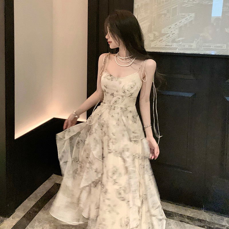 Vintage Shivering Print Φόρεμα για Γυναικεία Sling Αμάνικο Slim Flounce Chiffon Casual Κορεάτικα Μακριά Φορέματα Γυναικεία Καλοκαίρι