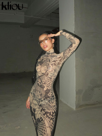 Kliou Mesh Vintage μάξι φόρεμα γυναικείο σέξι διάφανο μακρυμάνικο λαιμόκοψη Λεπτή στενή γυναικεία ρόμπα 2023 New Trend Party Bodycon