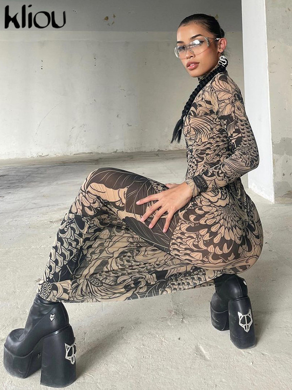 Kliou Mesh Vintage Print Maxi Rochie Femei Sexy Sheer Mâneci Lungi Stand Gât Subțire Skinny Robe Femei 2023 New Trend Party Bodycon