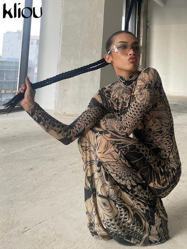 Kliou Mesh Vintage Print Maxi Rochie Femei Sexy Sheer Mâneci Lungi Stand Gât Subțire Skinny Robe Femei 2023 New Trend Party Bodycon