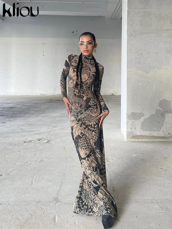 Kliou Mesh Vintage Print Maxi Rochie Femei Sexy Sheer Mâneci Lungi Stand Gât Subțire Skinny Robe Femei 2023 New Trend Party Bodycon