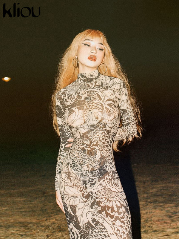 Kliou Mesh Vintage Print Maxi Rochie Femei Sexy Sheer Mâneci Lungi Stand Gât Subțire Skinny Robe Femei 2023 New Trend Party Bodycon