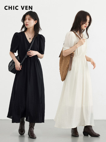 CHIC VEN Γυναικεία Φορέματα Γαλλικού στυλ Vintage με λαιμόκοψη μακρύ φόρεμα μακρύ φόρεμα μακρύ μαύρο φαρδύ γυναικεία ρούχα Καλοκαίρι Νέο 2023
