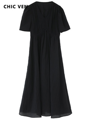 CHIC VEN Γυναικεία Φορέματα Γαλλικού στυλ Vintage με λαιμόκοψη μακρύ φόρεμα μακρύ φόρεμα μακρύ μαύρο φαρδύ γυναικεία ρούχα Καλοκαίρι Νέο 2023