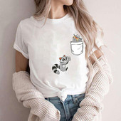 Naiste Pocket Raccoon Print T-särk lühikeste varrukatega T-särk Basic Clothing Suvine Top Graphic Riided Sweet Fashion Tee rõivad