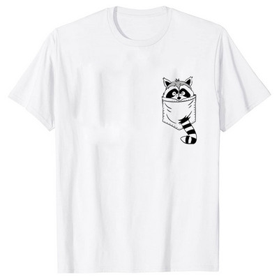 Naiste Pocket Raccoon Print T-särk lühikeste varrukatega T-särk Basic Clothing Suvine Top Graphic Riided Sweet Fashion Tee rõivad